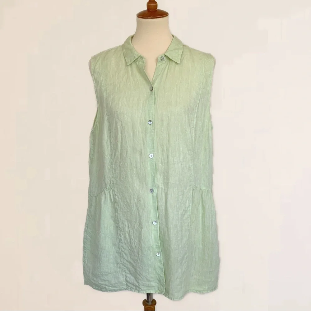 J. Jill Love Linen Peplum Back Button Front Sleeveless Tunic Classic Collar - Picture 2 of 9